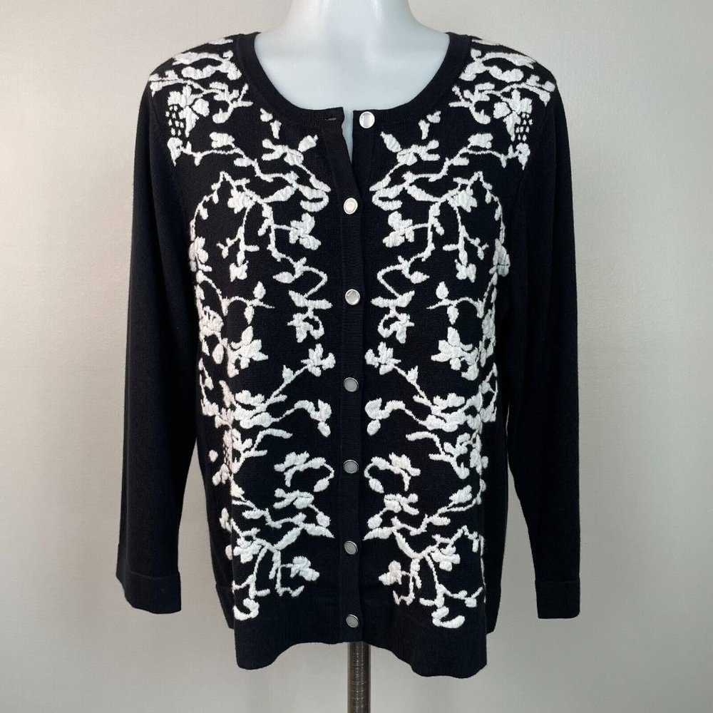 Christopher & Banks Cardigan PM Black White Floral Brocade Button-Front Women's